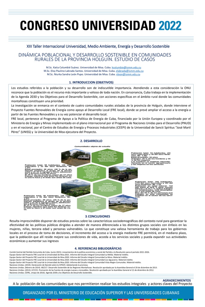 POPULATION DYNAMICS AND SUSTAINABLE DEVELOPMENT IN RURAL COMMUNITIES OF THE HOLGUÍN PROVINCE. STUDY OF CASES