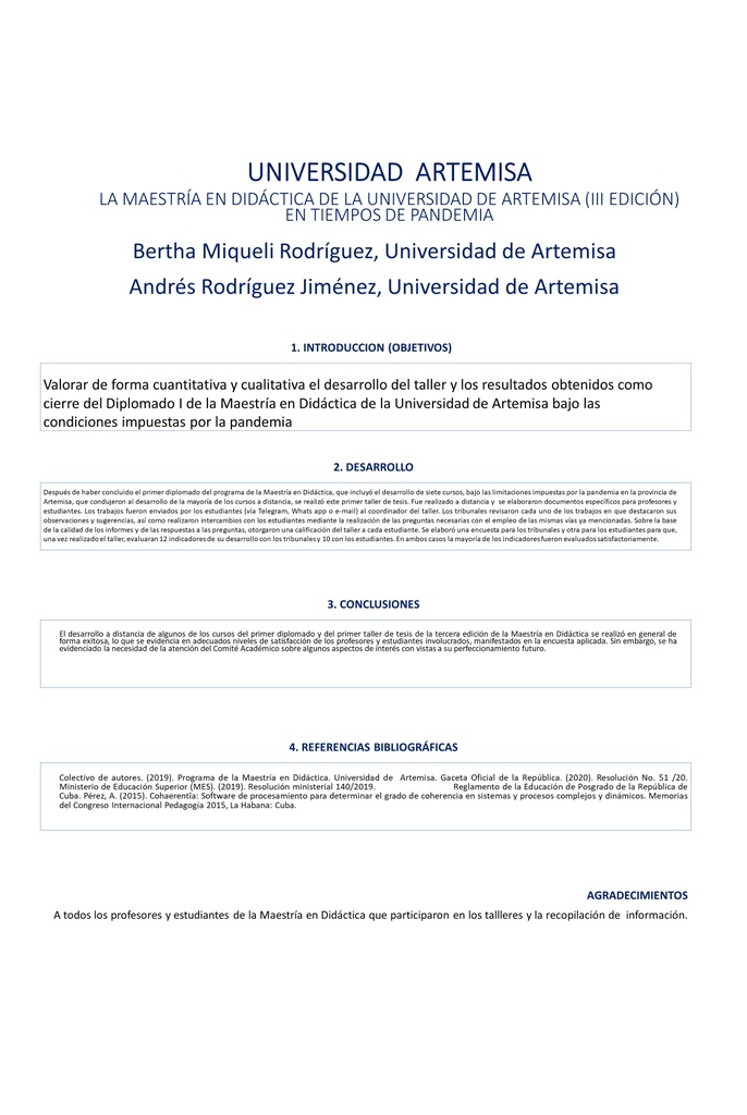 THE MASTER'S DEGREE IN DIDACTICS AT THE UNIVERSITY OF ARTEMISA (III EDITION) IN TIMES OF PANDEMIC