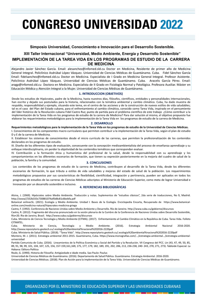 007 Implementación de la Tarea Vida en programas de estudio de la carrera Medicina